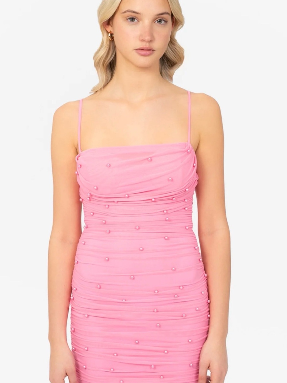 Pearl-Embellished Pink Ruched Mini Slip Dress